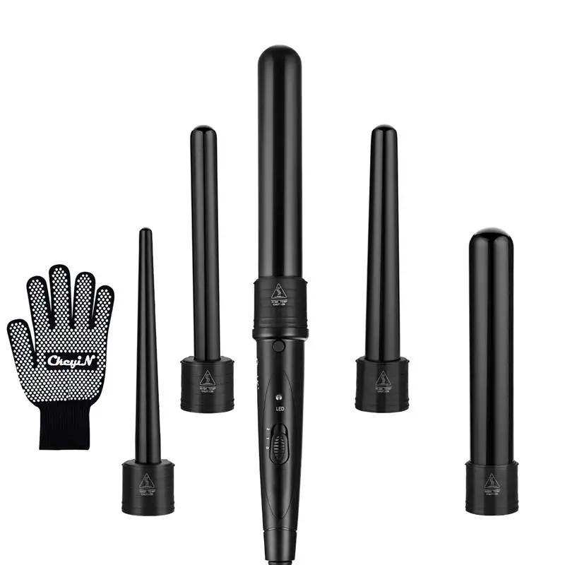 

CkeyiN Hair Curling Iron Machine Ceramic Hair Curler Set 5 Sizes Removable Cylindrical Conical Curling Wand Rollers + Glove P47