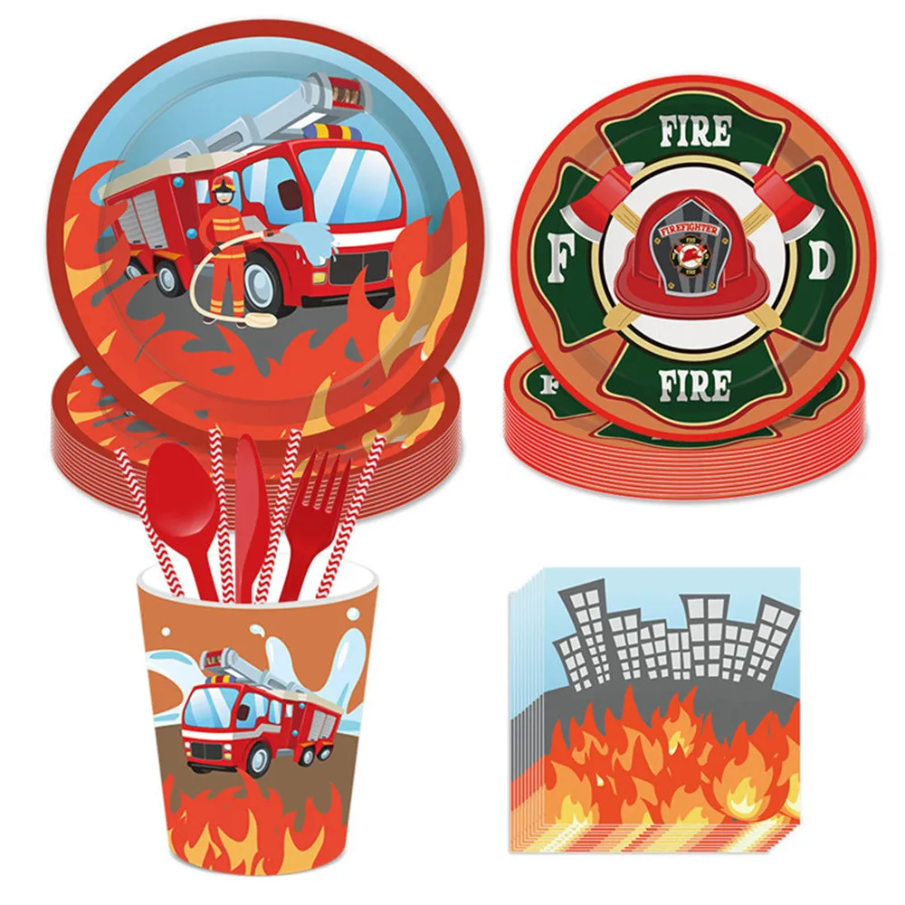 

Firemen Theme Party Decorations Firefighter Disposable Tableware Sets Kids Happy Birthday Fire Truck Plates Party Favors