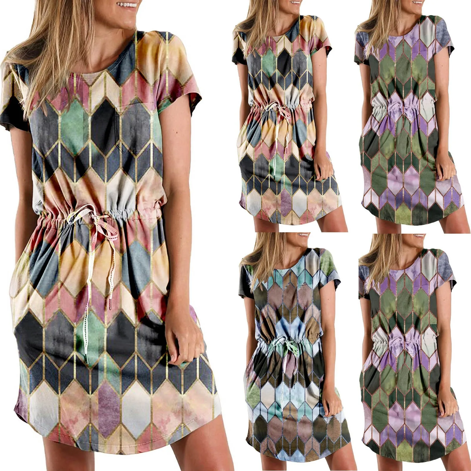 

Women's Summer Round Neck Diamond Print Tie Belt Waist Knee-length Dress vestido de mujer summer dress платья для женщин