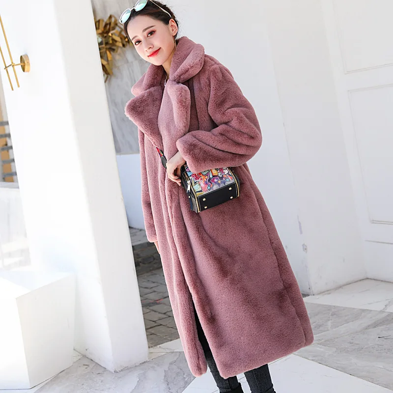 

FAKUNTN Winter Women Faux Rabbit Fur Coat Luxury Long Fur Coat Loose Lapel OverCoat Thick Warm Plus Size Female Plush Coats