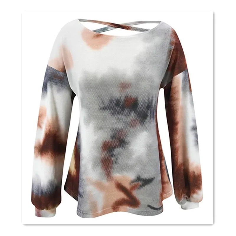 

Fall Clothing Casual Round Neck Tie Dye Hollow Out Long Sleeve Loose Women T-Shirt Fall Tops for Women Tops