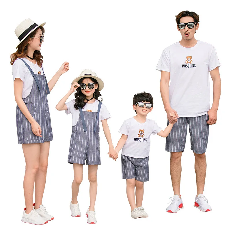 Summer 2020 Family Matching Striped Clothes Mum Mama Mom and Baby Girls Dress Overalls Jumpsuits for Boys Father Son Outfits | Мать и