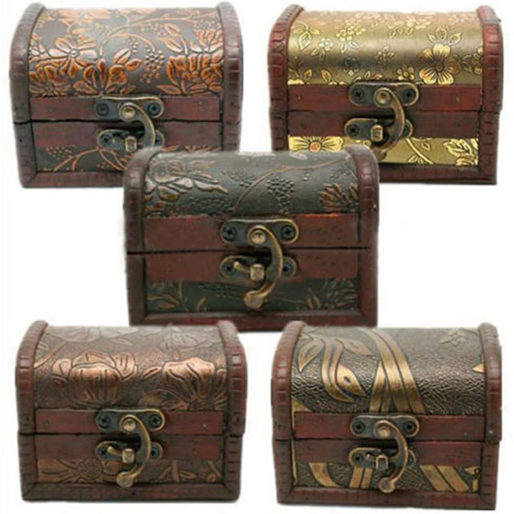 

1PC Vintage Petty Metal Lock Treasure Jewelry Chest Case Holder Pearl Necklace Bracelet Storage Organizer Wooden Box Kid Gift