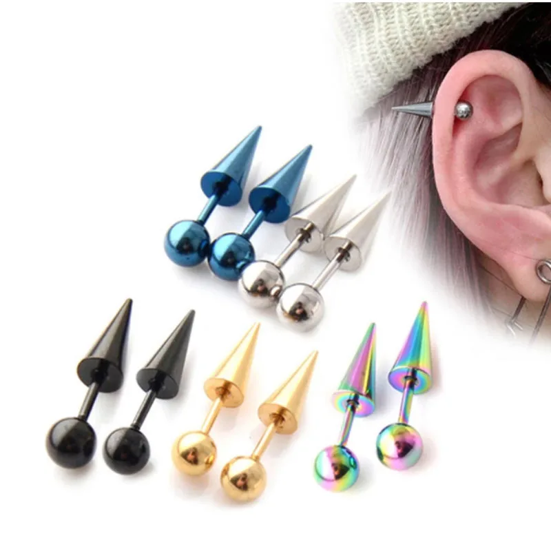 

2Pcs/1pair Women Men Round Ball Spike Cone Tip Titanium Steel Screw Back (Pierced) Stud Earrings Punk Gothic Jewelry Gifts