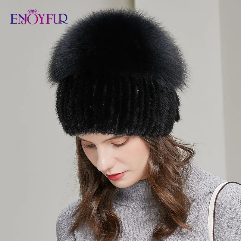 Женская шапка бини ENJOYFUR теплая шерстяная из натурального меха норки на зиму |