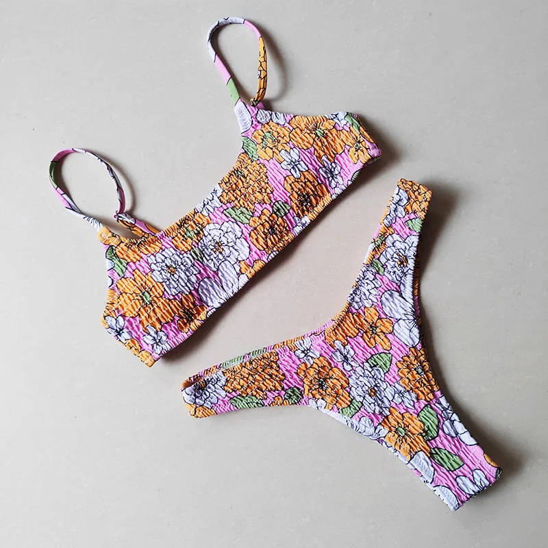 Sexy Bandeau Push Up Bikini Set Spaghetti Strap Two Piece Swimsuit Ruched Bikinis Women Swimwear Floral Bathing Suit Beach Wear