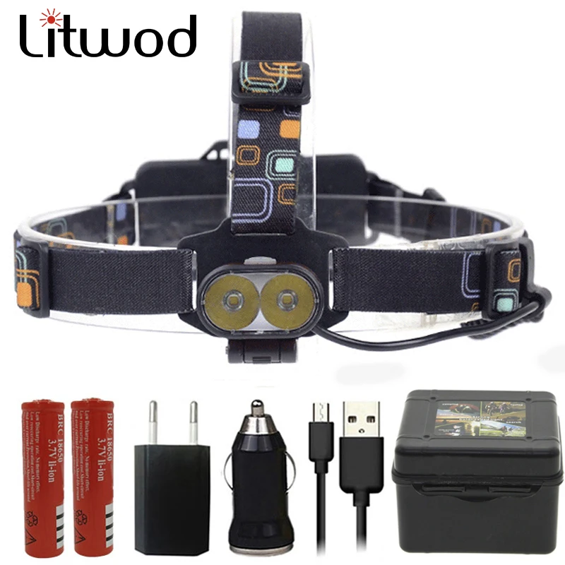 

Litwod Z207314 Super 20000LM USB Headlamp 2* XM-L2 T6 LED Rechargeable 18650 Headlight Head Light flashlight Torch with charger