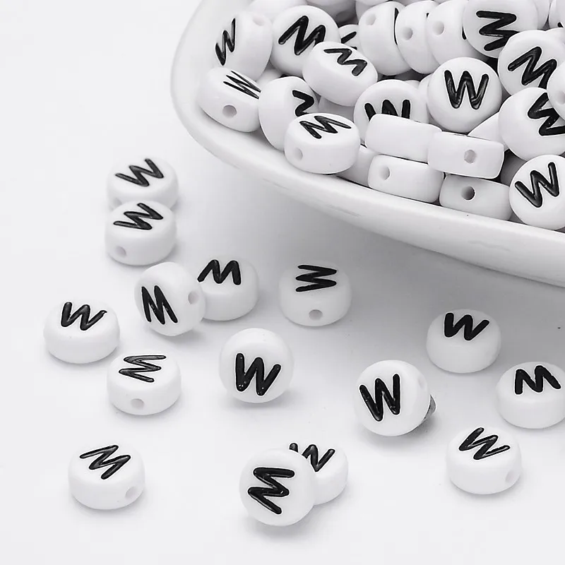 

500 g Acrylic Beads with Horizontal Hole Letter Flat Round Letter.W 7x4mm Hole: 1mm about 3500pcs/500g