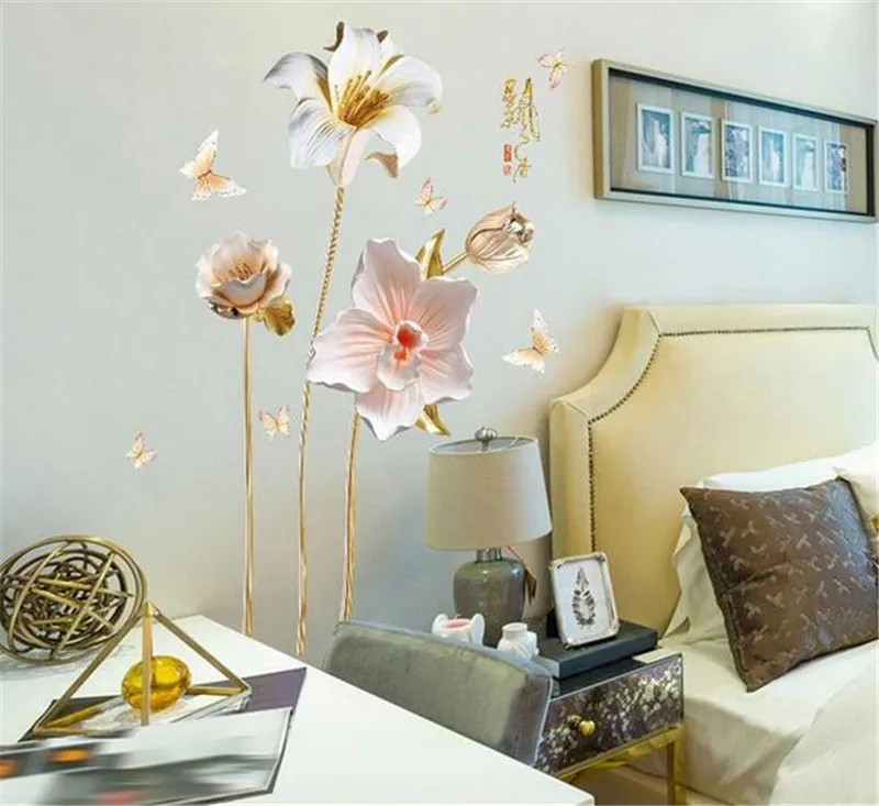3D яркие тисненые орхидеи цветы настенные наклейки для гостиной домашний декор
