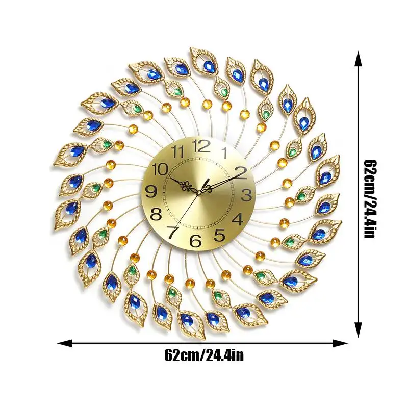 

Large 3D Gold Diamond Crystal Peacock Wall Clock Metal Watch for Modern Home Living Room Decoration DIY Clocks Ornaments 62x62cm
