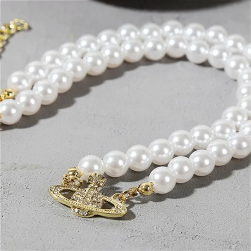 

VI Women Punk Planet Pendant Neckalce Imitation Pearls Silver Golden Female Neck Necklace Jewelry Set Girlfriend Gift Chain Set