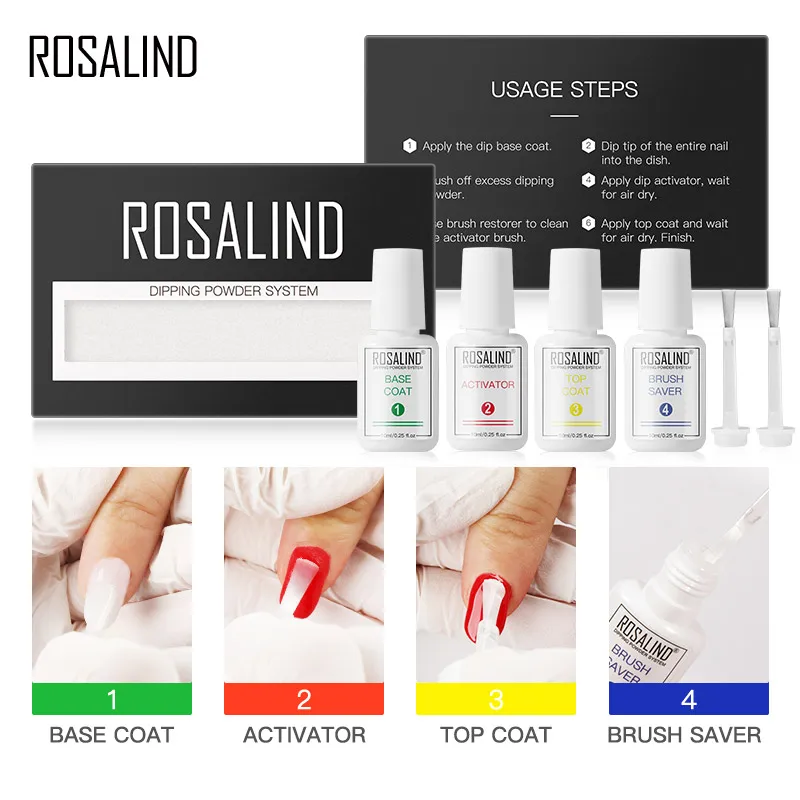 

Набор для погружения пудры для ногтей ROSALIND, блестящая основа активатор для верхнего покрытия, без лампы, набор для украшения ногтей