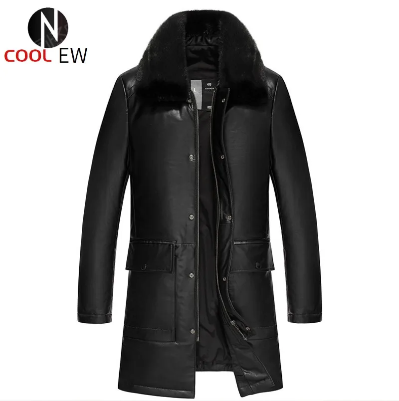 

Winter Men Long Real Cow Leather Down Jacket Warm Slim Genuine Leather Coat Cowhide Mink Fur Collar Large Size Overcoat 2021 New