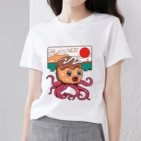 womens sweet fashion japanese casual cute octopus print pattern series top basic t shirt round neck slim ladies commuter top