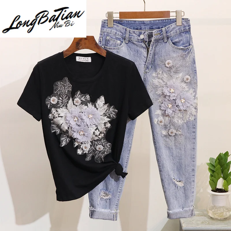 Женский Повседневный комплект из двух предметов футболка с цветочной вышивкой и