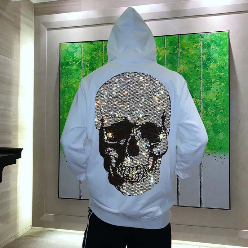 Winter Men's Hoodie Thicken Velvet High Quality Hot Drilling Rhinestone Skull Loose Sweatshirt Fitness Jacket Plus 5XL 2021New