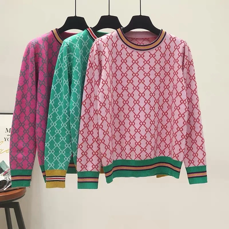 Autumn And Winter New Loose Knit Sweater Korean Style Pullover Round Neck Geometric Clash Jacquard Casual Sweater Jumper