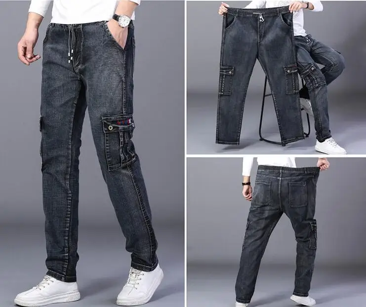 Men Jeans Loose Elastic Men Straight Tube Denim Pants Elastic Waist Crotch Maximum Suitable Weight 330lb