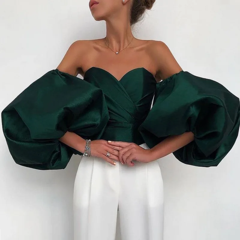 

Vintage Women Blouses Party Formal Tops Shirt Strapless Bare Shoulder Big Lantern Sleeve Zipper Crop Top for Dinner Ball Y2K
