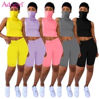 adogirl cotton two piece set scarf collar sleeveless t shirt crop shorts women tracksuit breathable summer suit home apparel