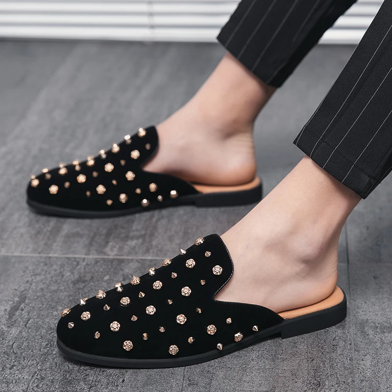 Мужская обувь без застежки с заклепками в Корейском стиле летние лоферы слиперы