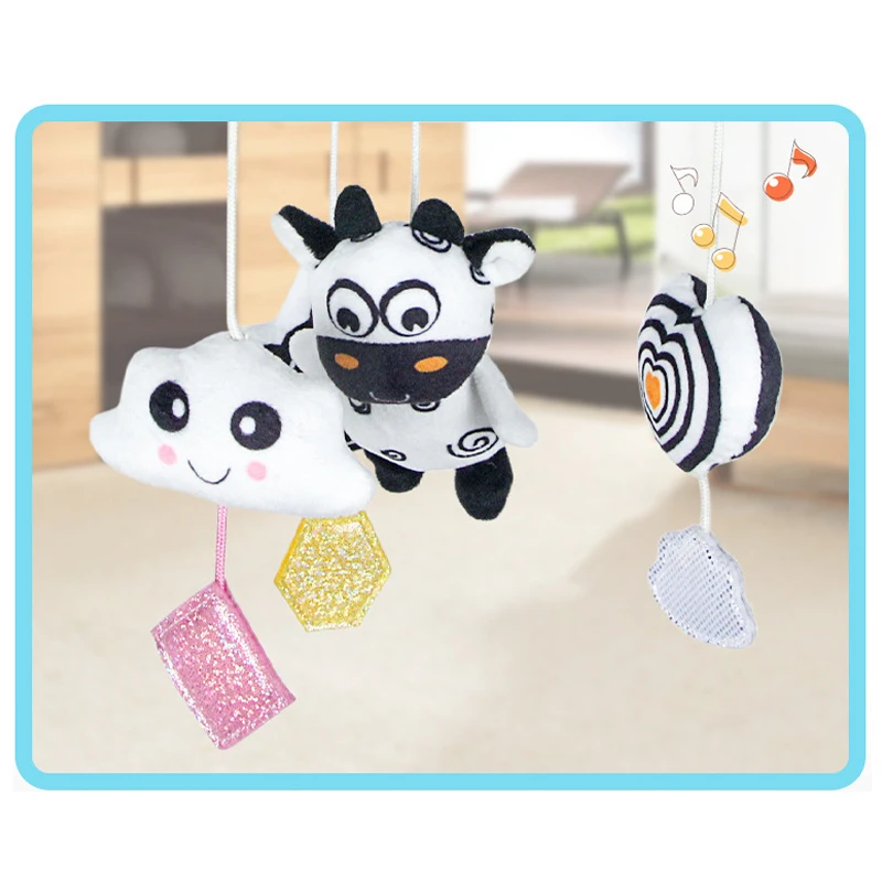 New Black White Baby Rattle Bed Hanging Around Cartoon Animals Wind Chime Exercise Newborn's Vision And Hearing Under 3 year | Игрушки и