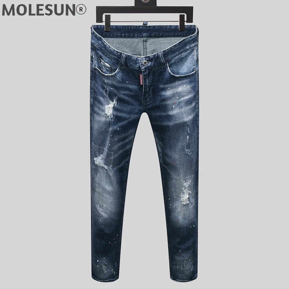 

dsq brand European Style mens slim elastic jeans Men straight denim trousers zipper business Slim blue hole jeans for men 8162