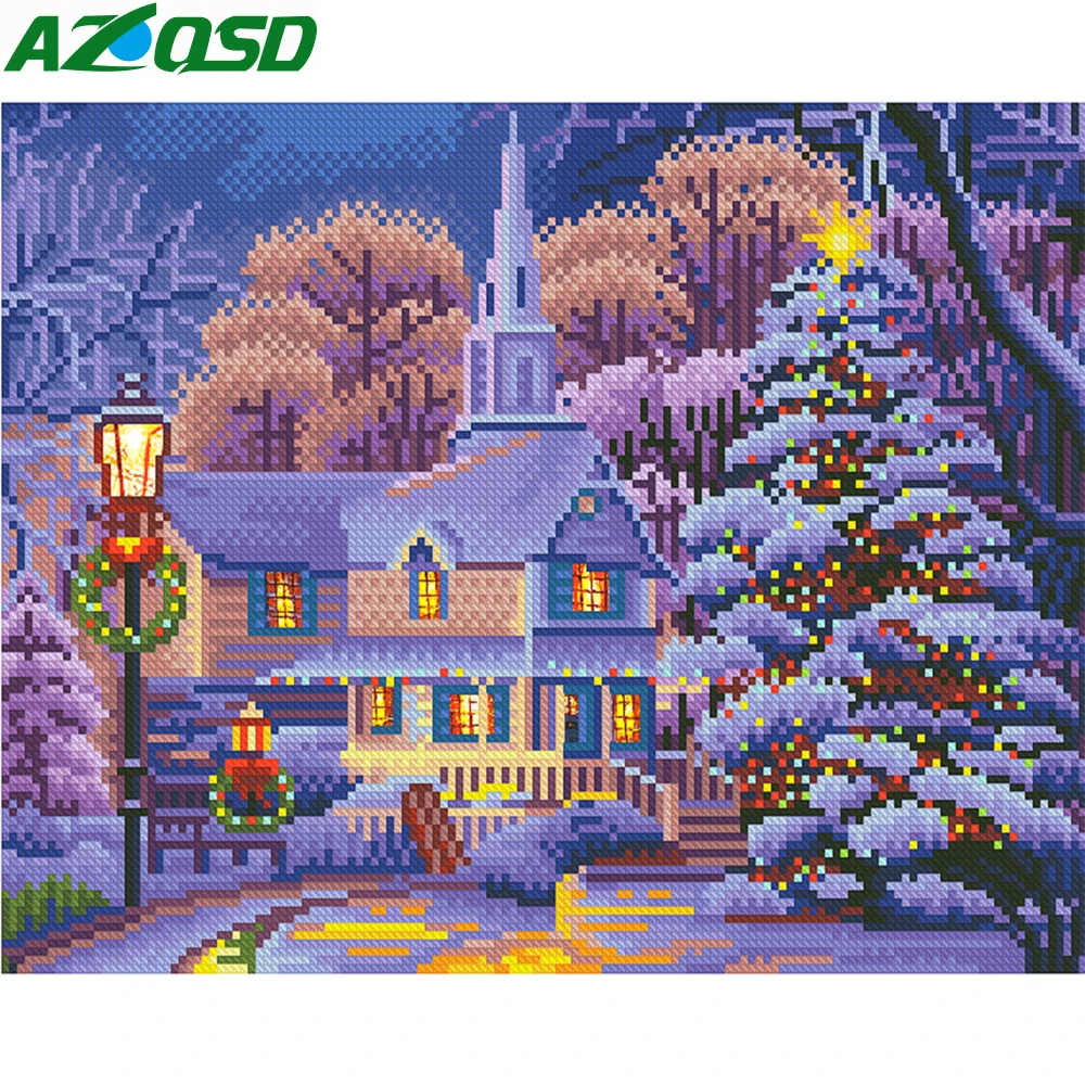 

Картина AZQSD со светодиодной подсветкой, Зимняя Вышивка, пейзаж в рамке, 40x50 см, «сделай сам», рождественский подарок, вышивка крестиком, полный набор для домашнего декора