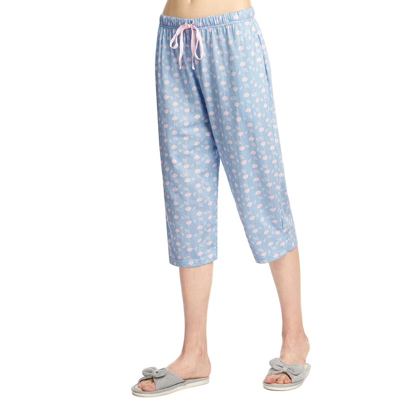 Blue floral THREEGUN женские Пижамные шорты, укороченные штаны полной длины, кружевные Хлопковые женские штаны для сна, свободные штаны с эластичной резинкой на талии, домашние штаны, партия - Цвет: Blue floral