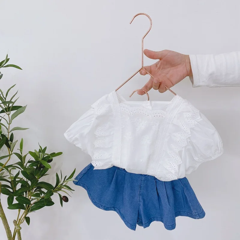 Летняя новая детская одежда в Корейском стиле Хлопковые кружевные блузки для