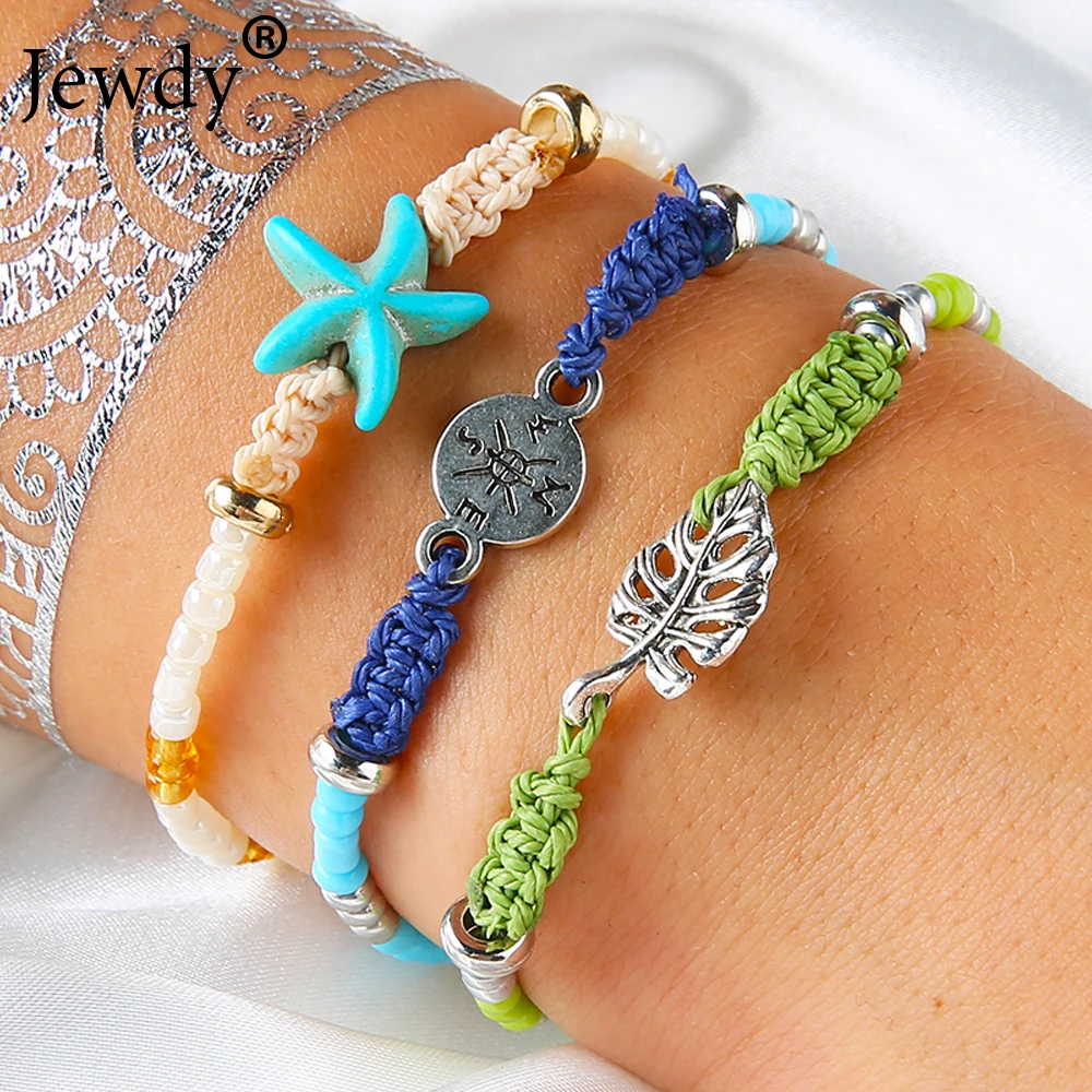 

3pcs/set Boho Bracelet Jewelry for Women Men Handmade Braided Rope Sea Star Rudder Leaf Friendship Charm Bracelet Gift Wholesale