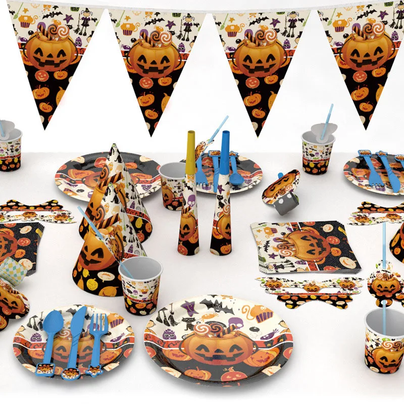 Halloween Candy Pumpkin Head Theme Creative Party Package Decoration Party Supplies Party Disposable Tableware Cup Plate