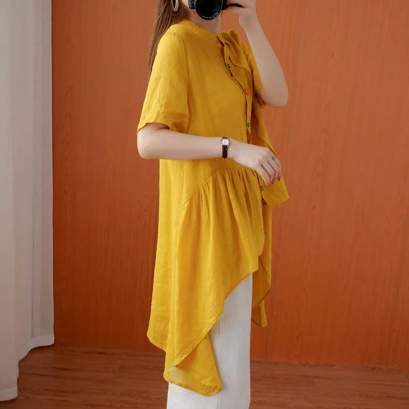 

Oversized Women Casual Long Shirts New 2021 Summer Vintage Style Stand Collar Solid Color Loose Female Cotton Linen Tops S2885