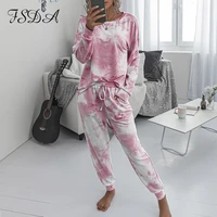 fsda 2020 women set tie dye long sleeve top shirt o neck and pants tracksuit two piece set casual outfit lounge wear