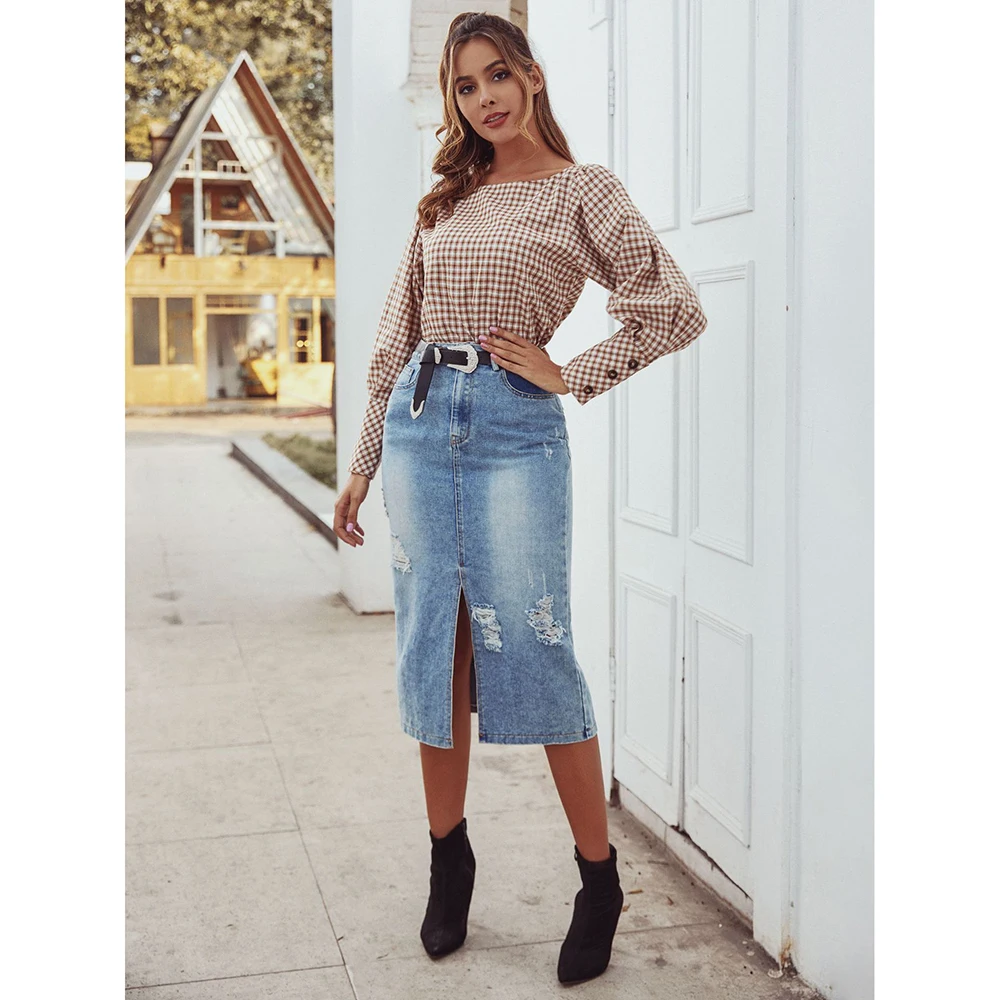 

Wholesale Custom Retail Factory Price Good Quality New Women's Fashion Hot Selling Retro Plaid Lantern Sleeve Collar Loose Shirt