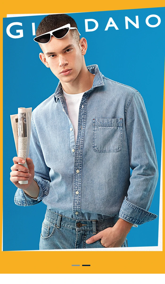 Giordano приталенная Мужская рубашка из джинсовой ткани с длинными рукавами Camisa Masculina, на пуговицах спереди, с отложным воротником, Chemise Homme 01049890