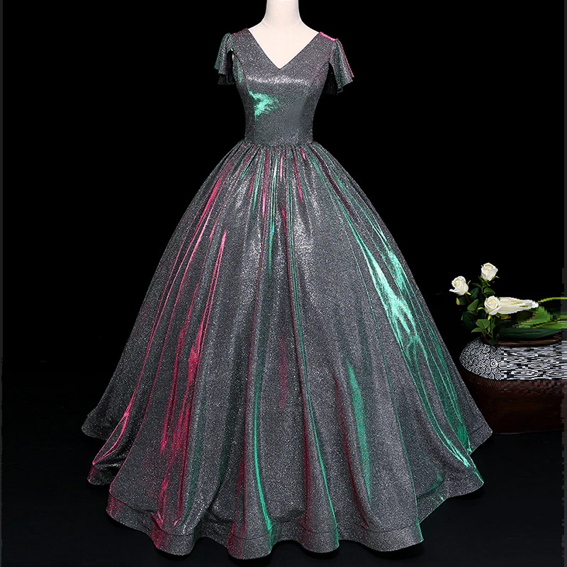 

Женское вечернее плиссированное платье, простое роскошное бальное платье до пола с V-образным вырезом и короткими рукавами, бальное платье ...