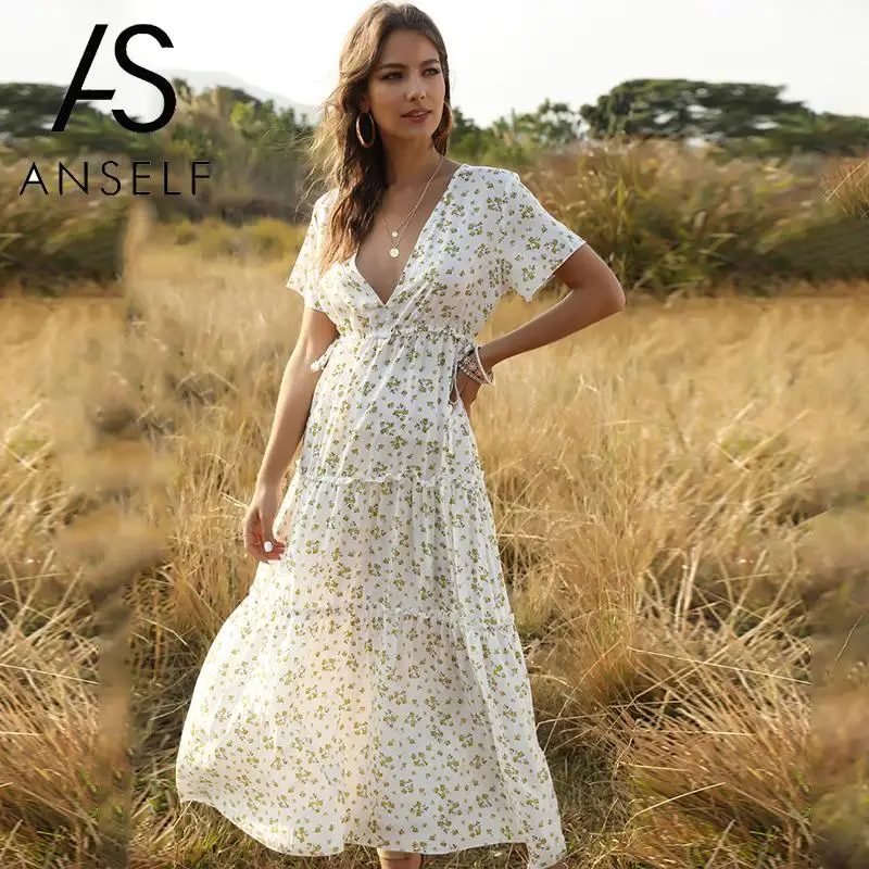 Женское богемное платье с цветочным принтом глубоким v-образным вырезом высокой