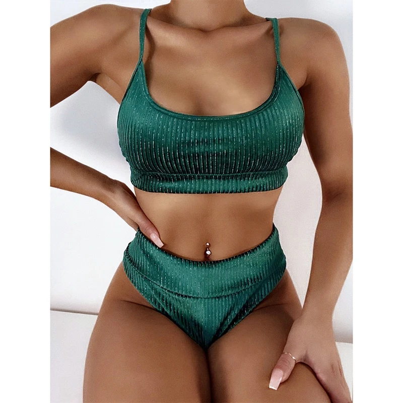 

Women's Split 2-Piece Swimsuit Solid Color Simple High Waist Bikini Green