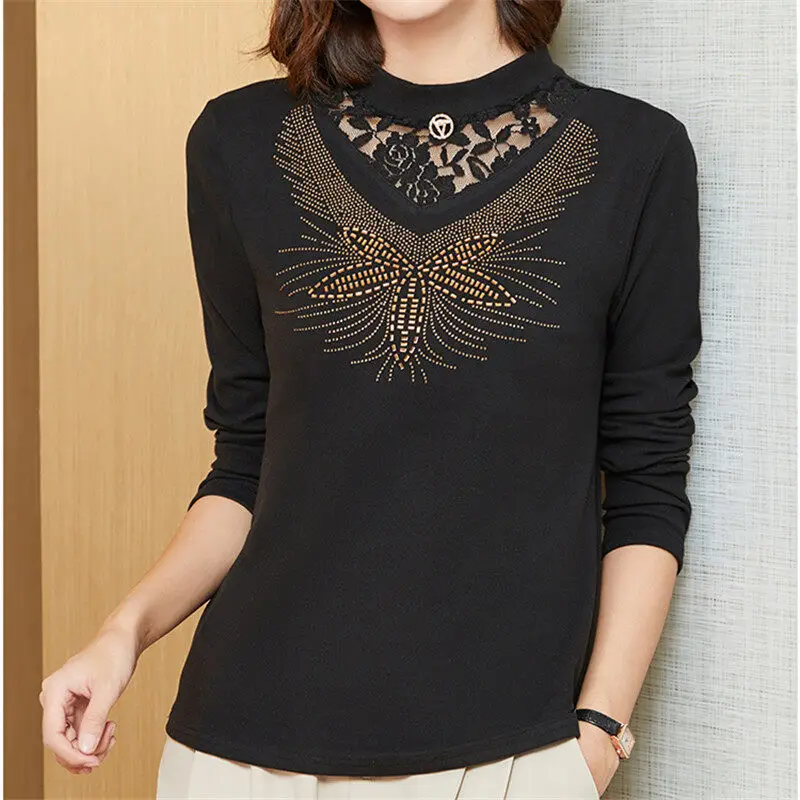 

Fashion New Style Bottoming Top Black Slim Autumn Round Neck Plus Size All-match Temperament Noble Top woman tshirts
