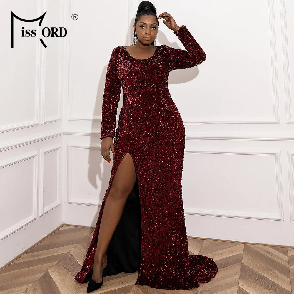 

Missord 2021 Women Plus Size O Neck Long Sleeve Bodycon Prom Sequins Evening Party Elegant Maxi Dress Side Split Ladies Dresses