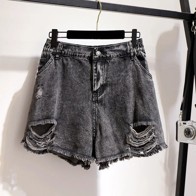 

Summer Black Women's Denim Shorts Large Size 6XL Wide Leg Ripped High Waisted Shorts Jeans for Girls Korean Fashion