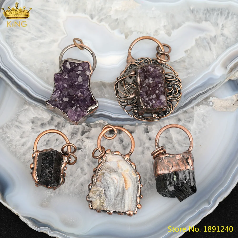Bronze Copper Wire Wrapped Geode Amethysts Quartz Beads Pendant Jewelry,Black Tourmaline Nugget Bead Charms For Jewelry DIY