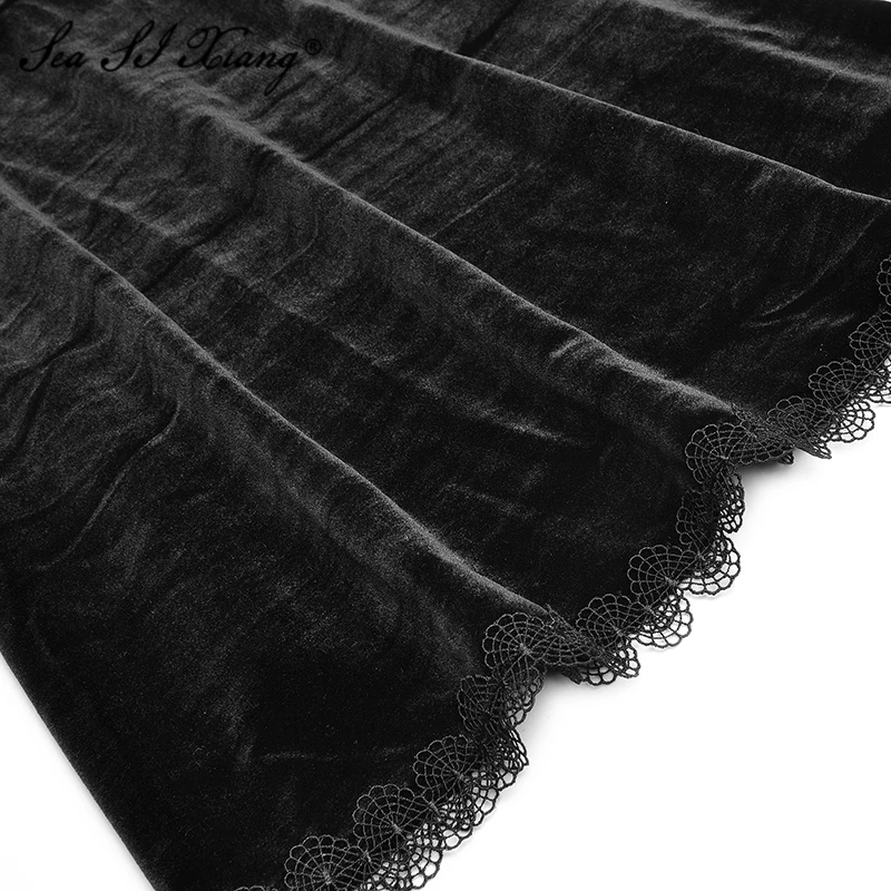 

Seasixiang Fashion Designer Spring Velvet Dress Women's Long Sleeve Beading Diamonds Elegant Party Dresses