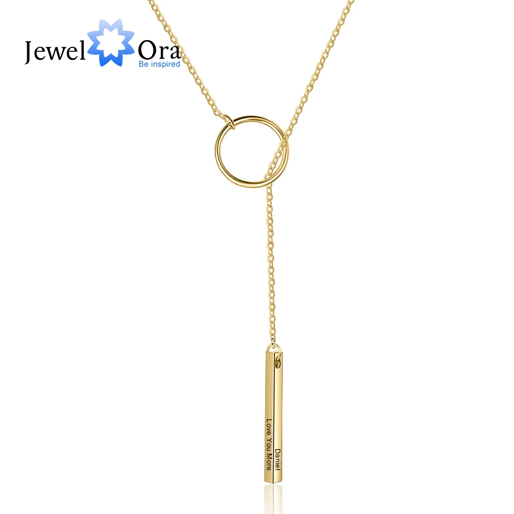 Personalized Name Vertical Bar Necklace for Women Stainless Steel Y-Shaped & Circle Engrave 4 Sides Name Necklaces & Pendants