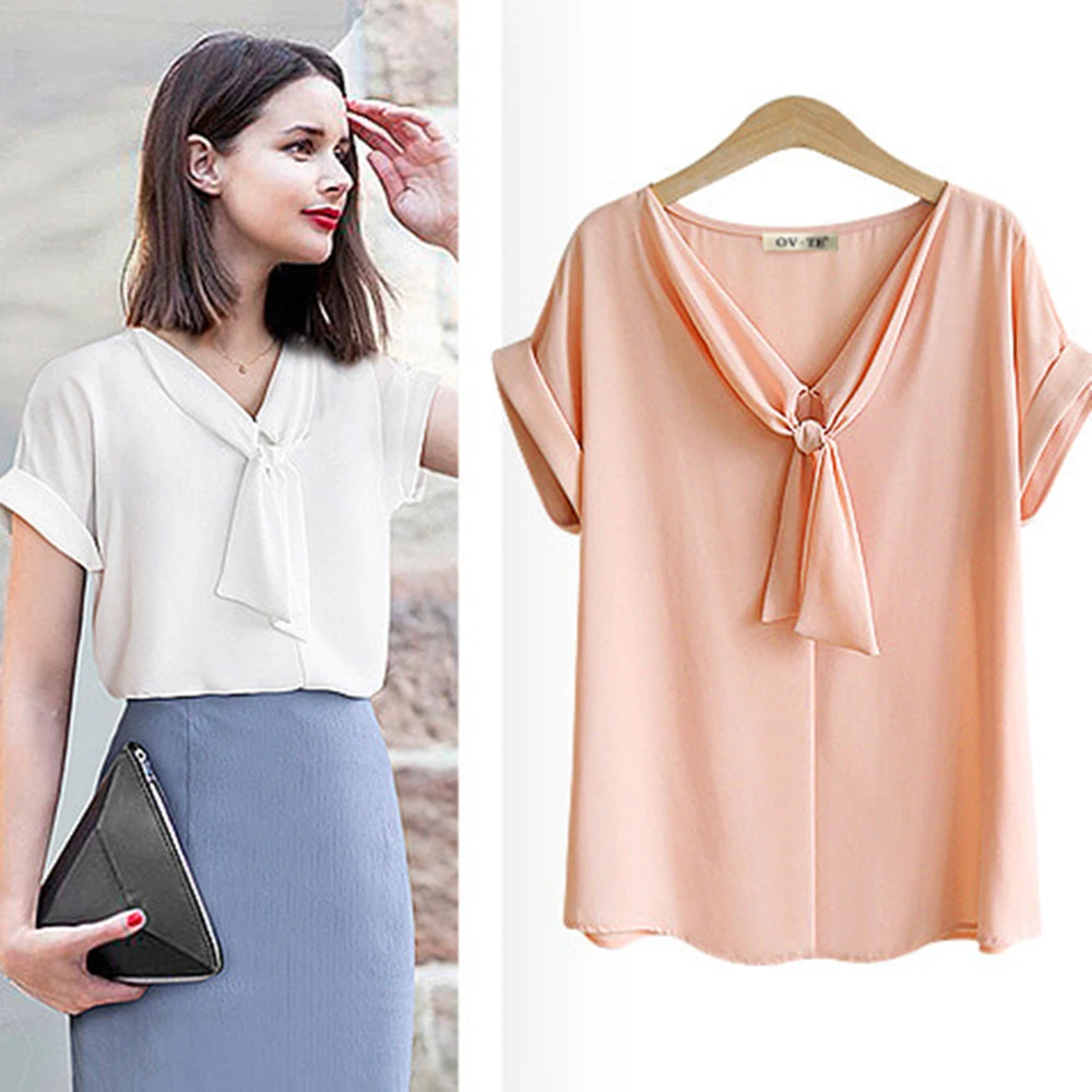 

Women V Neck Bow Blouses Short Sleeves Shirt Summer Loose and thin all-match Chiffon Female Ribbon Tops Pullover Vintage Blusa