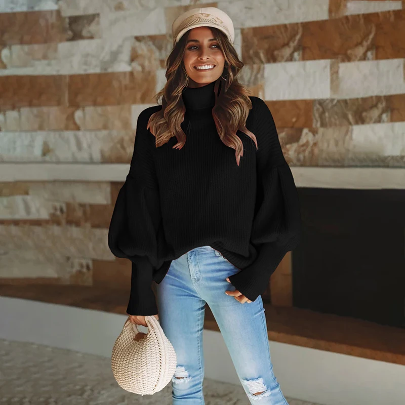 Женский вязаный свитер с высоким воротником GALCAUR белый теплый толстый длинными