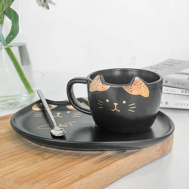 

200ML Cartoon Ceramics Cat Mug Set With Saucers Spoon Coffee Milk Mugs Cute Creative Breakfast Drinkware Porcelain ZM1125
