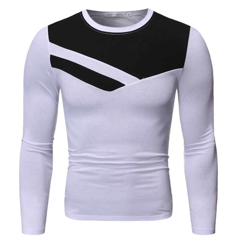 Осенняя и зимняя новая мужская футболка с круглым вырезом контрастного цвета в