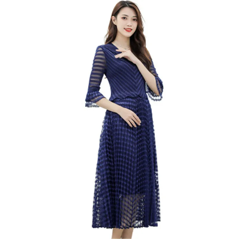 

Miyake Light Luxury Women's 2021 New Spring Women's Fashion Temperament Slim dress Lace Hollow Pleated Dress Women vestidos